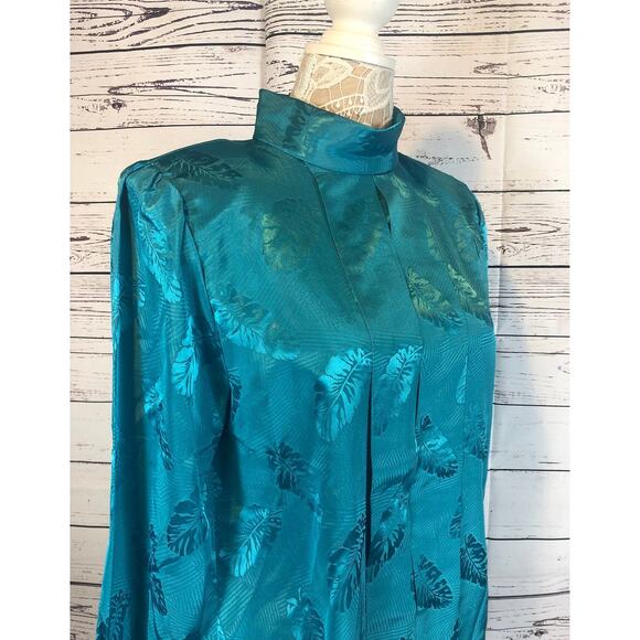Vintage Nicola green folage blouse with high neck back button closing size 12 - Picture 4 of 10